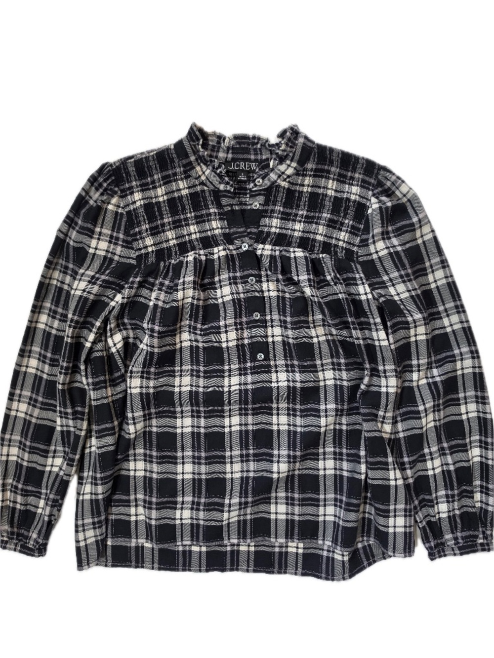 J.CREW Blouse Womens S Black Tartan Plaid Mock Neck Long Sleeve Button Ruffle